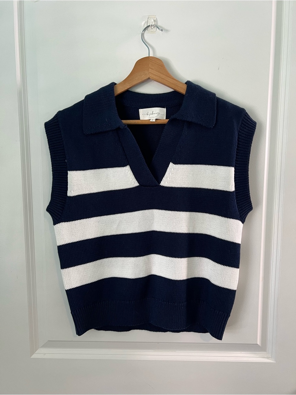 in February Striped Coastal Nautical Navy and White Stripe Sweater Tank - Picture 1 of 4